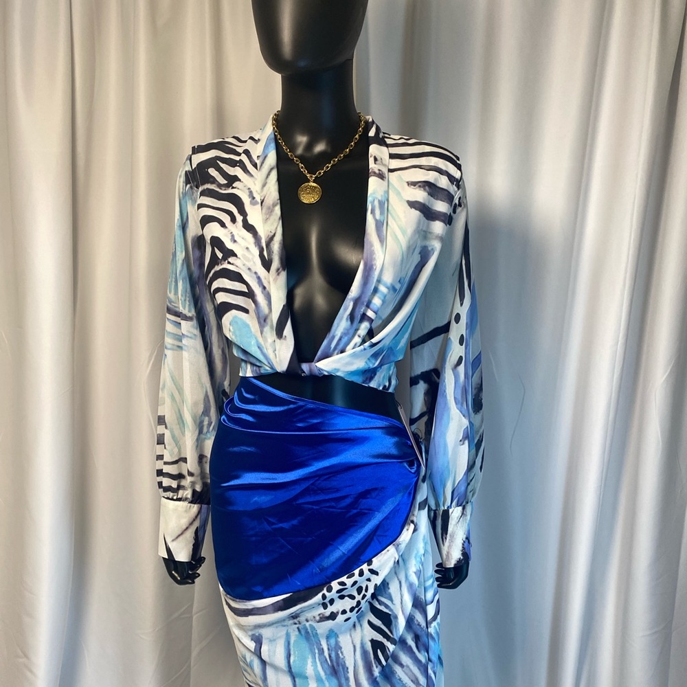 Blue and White Animal Print Cover up with Fringe